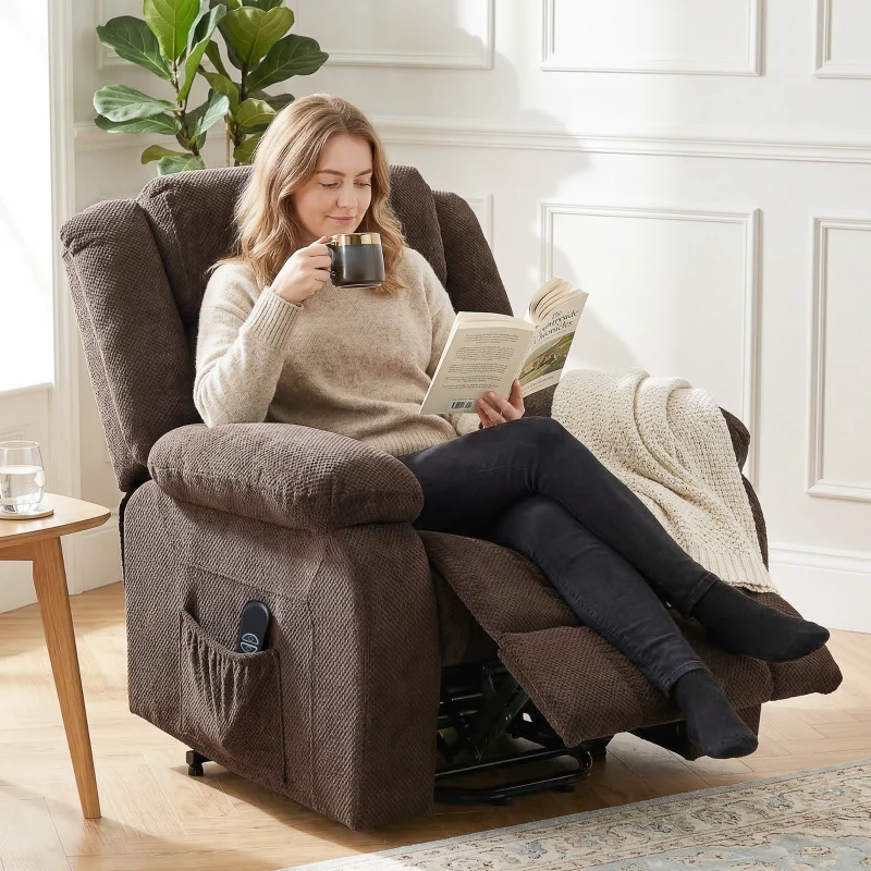 HOMCOM Sillón Relax Reclinable Eléctrico Levanta Personas con Puerto USB Control Remoto Asiento Ancho Reposapiés Marrón
