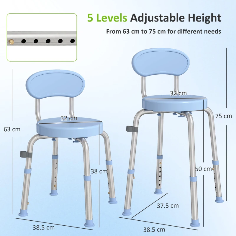 HOMCOM 360° Swivel Shower Stool with Aluminium Frame, 5-Level Adjustable Height, Backrest, Non-Slip Shower Chair for Elderly