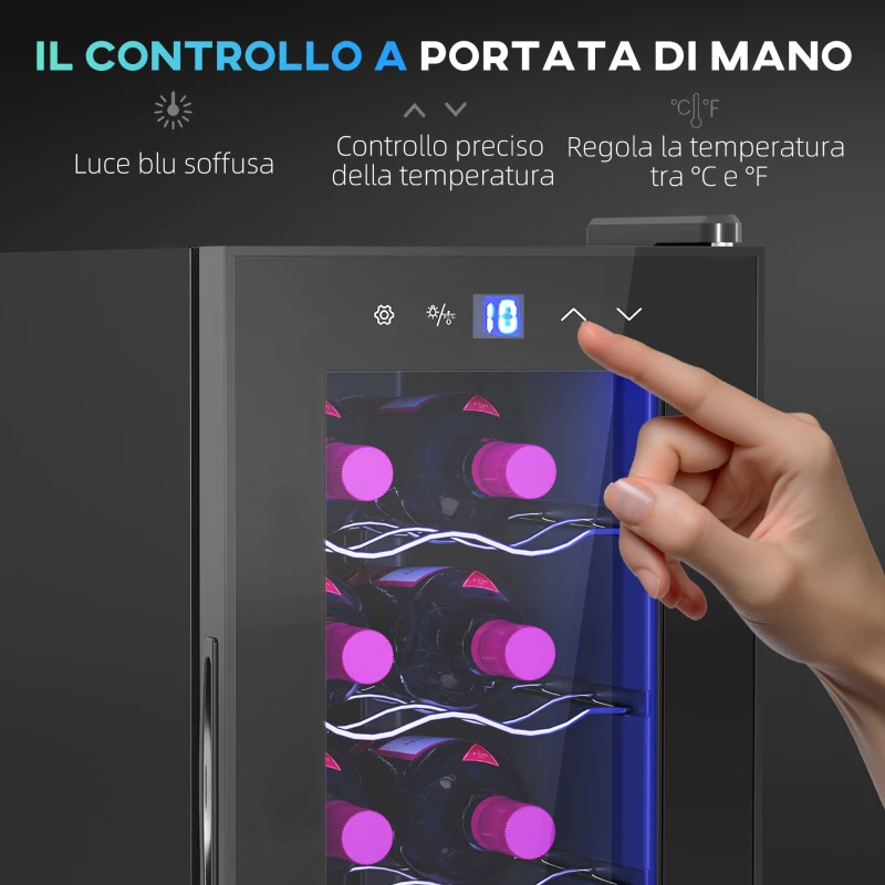 HOMCOM Cantinetta Frigorifero per 12 Bottiglie con Doppio Controllo Temperatura, Ripiani Regolabili e Luci, Nero