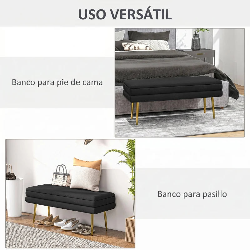 HOMCOM Baúl de Almacenaje para Dormitorio 39L Tapizado en Terciopelo con Patas de Acero 100x37,5x42 cm Negro