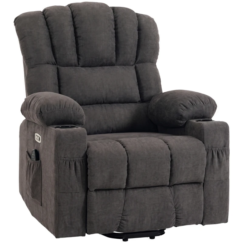 HOMCOM Sillón Relax Reclinable Eléctrico Levanta Personas Masaje Vibratorio y Calor Asiento Ancho USB-C USB-A Bolsillos Negro