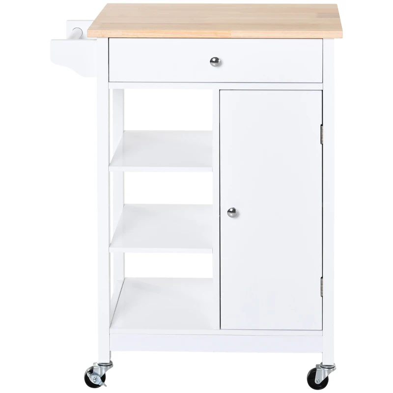 HOMCOM Desserte de cuisine à roulettes avec placard, tiroir, 3 étagères ouvertes et porte-serviettes, 66x39,5x86,5cm, blanc