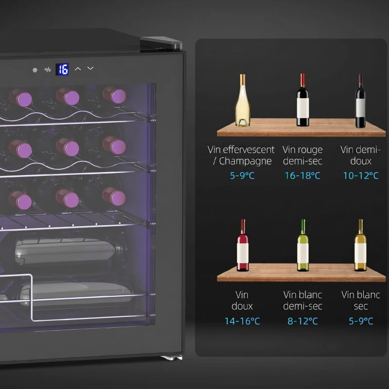HOMCOM Cave à vin 16 bouteilles 42L, réfrigérateur à vin et boissons avec température réglable 5-18°C, porte en verre, noir