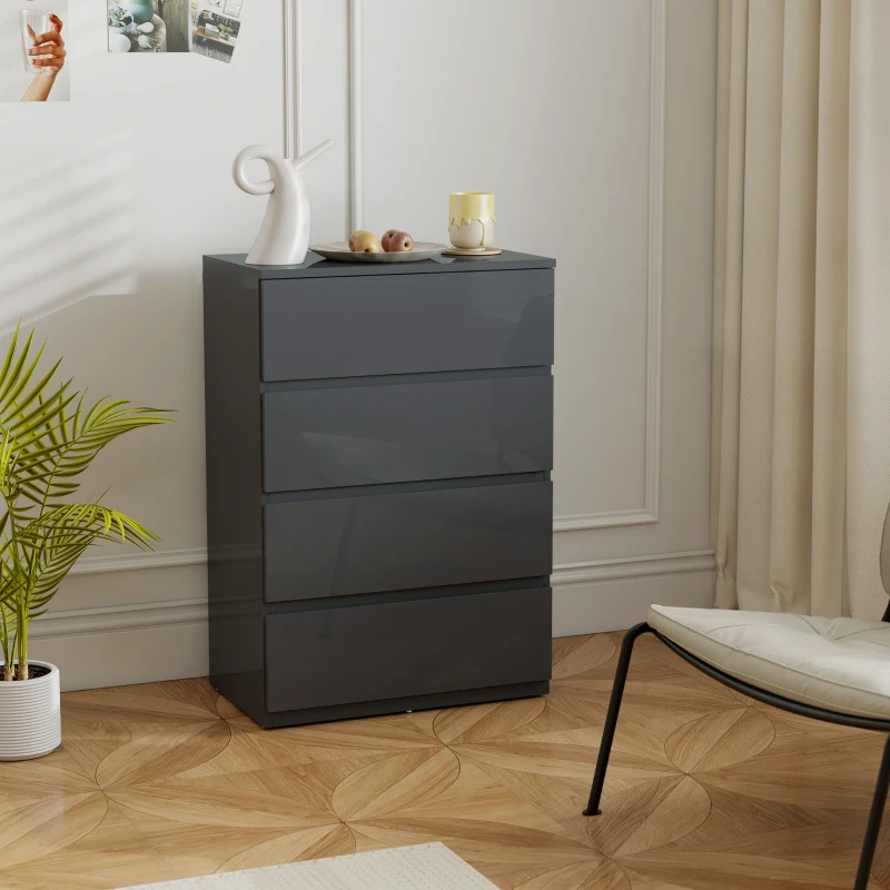HOMCOM Commode 4 tiroirs, meuble de rangement à haute brillance, fermeture douce et silencieuse, 55 x 34 x 80 cm, gris