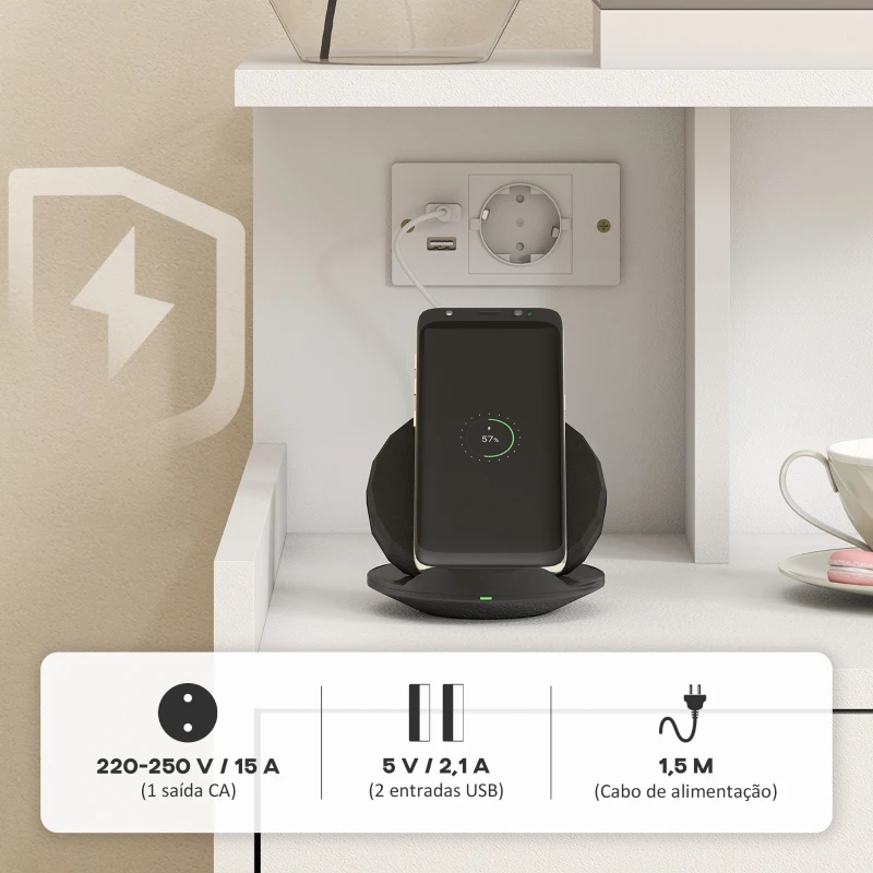 HOMCOM Mesa de Cabeceira com Estação de Carregamento Portos USB Gaveta e Prateleiras Abertas 40x40x60 cm Branco