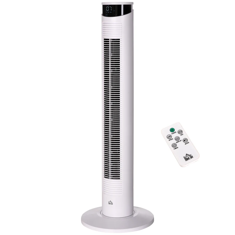 HOMCOM Ventilador de Torre Oscilante 45W con Control Remoto Temporizador de 12 h 3 Velocidades Pantalla LED Ø31,5x93 cm Blanco