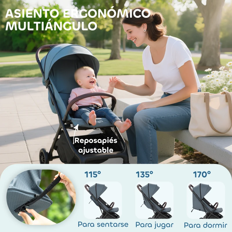 AIYAPLAY Carrito para Bebé Plegable Respaldo Reclinable Reposapiés Ajustable Capota Arnés de 5 Puntos Carga 15 kg Azul Oscuro