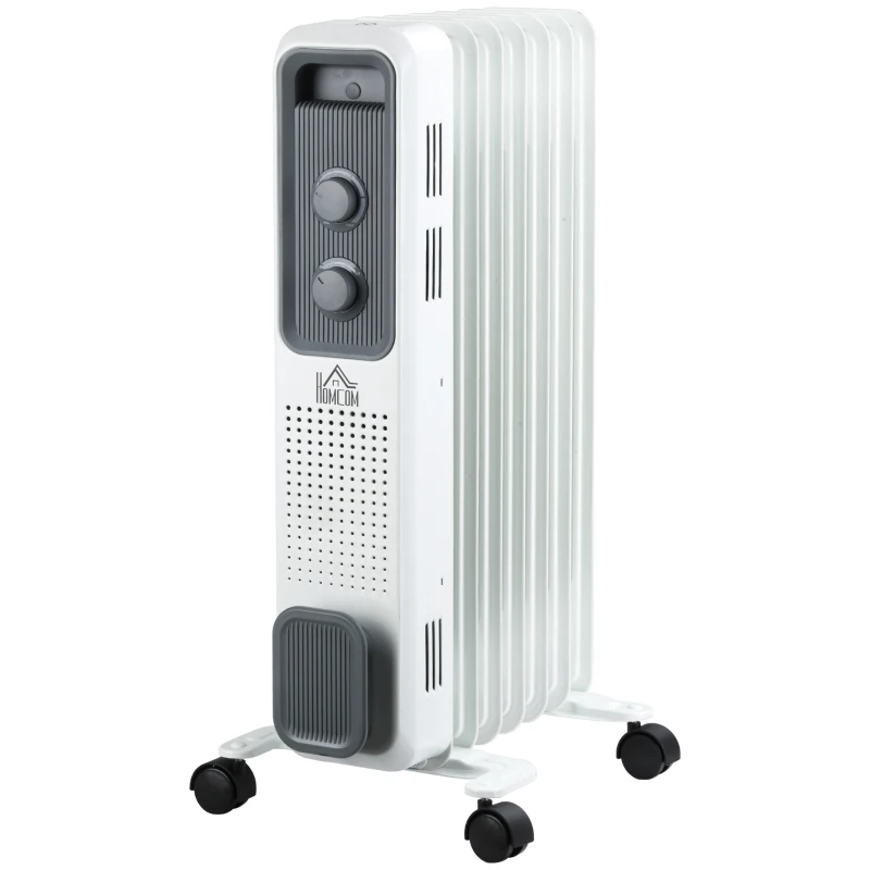 HOMCOM 1500W Oil Filled Radiator, Portable Electric Heater with 3 Heat Settings, Safety Cut-Off and Wheels, White