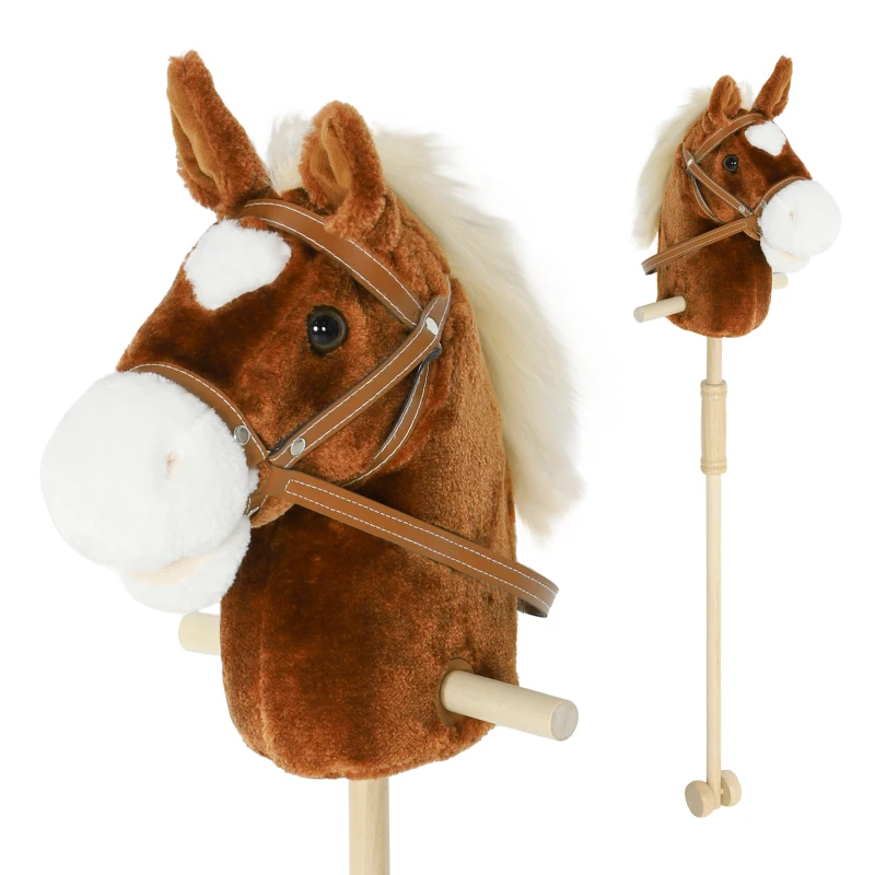 AIYAPLAY Cabeza de Caballo con Palo de Madera Sonidos y Ruedas Caballo de Juguete 95 cm de Altura Marrón