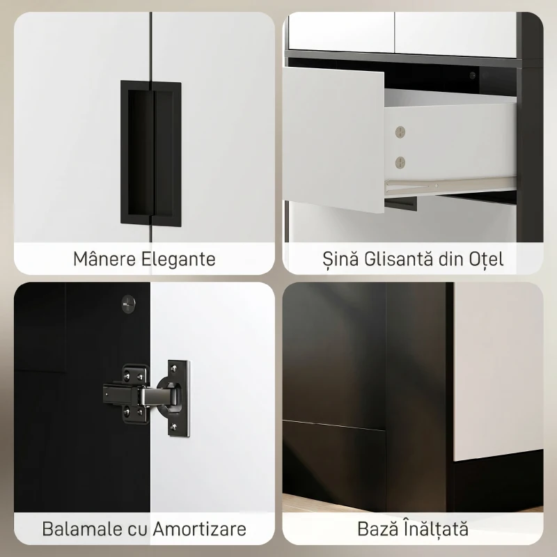 HOMCOM Dulap pentru Dormitor cu 2 Uși cu Închidere Amortizată, 3 Sertare, PAL, 80x50x180 cm, Alb și Negru