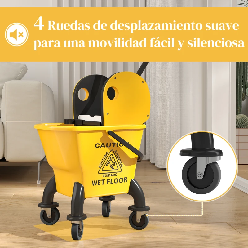 HOMCOM Cubo de Fregona con Ruedas y Escurridor Desmontable de Prensa Capacidad 26L Incluye Fregona y Asa Amarillo