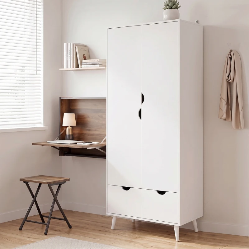 HOMCOM Elegant Home Storage Organisation Furniture, 2-Door Clothes Wardrobe with 2 Drawers, Wood Feet, White