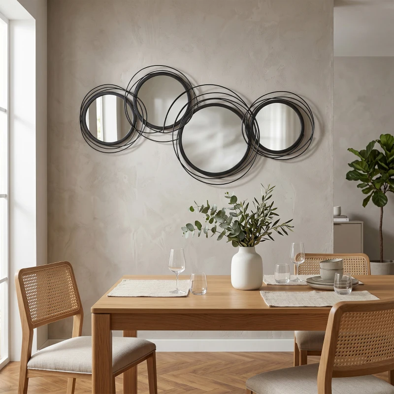 HOMCOM Metal Wall Art 56cm Modern Decorative Mirror Decor for Living Room Bedroom Dining Room, Black