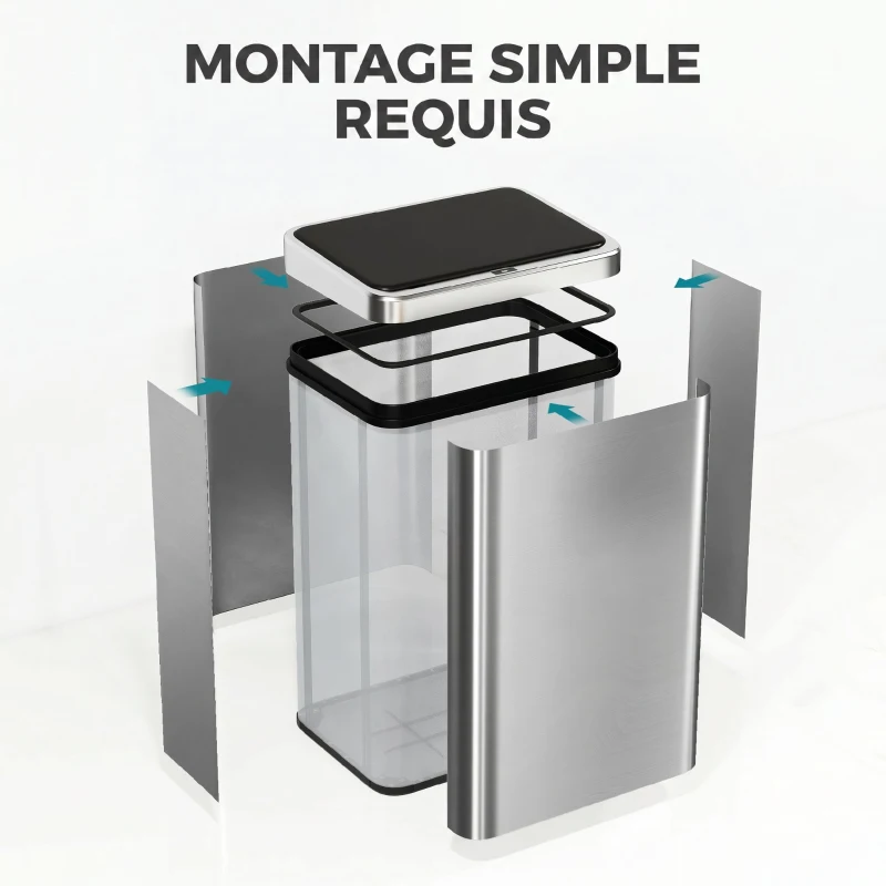 HOMCOM Poubelle à Capteur de 40L, Couvercle à Fermeture en Douceur, Poubelle de Cuisine Automatique Acier Inoxydable, Argenté