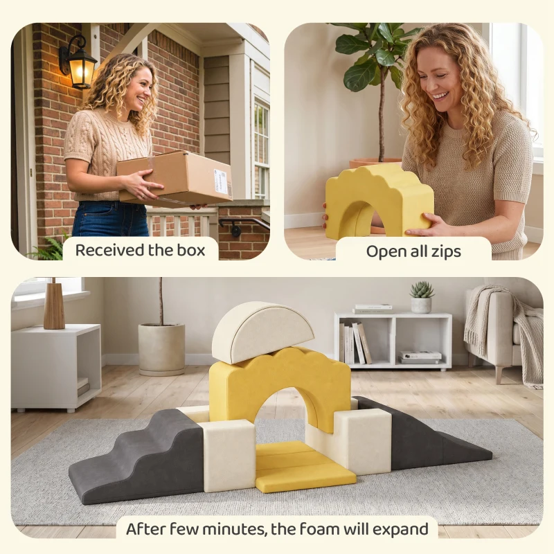 AIYAPLAY 7 Piece Kids Soft Play Set with Detachable Cover, Baby Indoor Climb and Crawl Foam Toy for Toddlers, Yellow