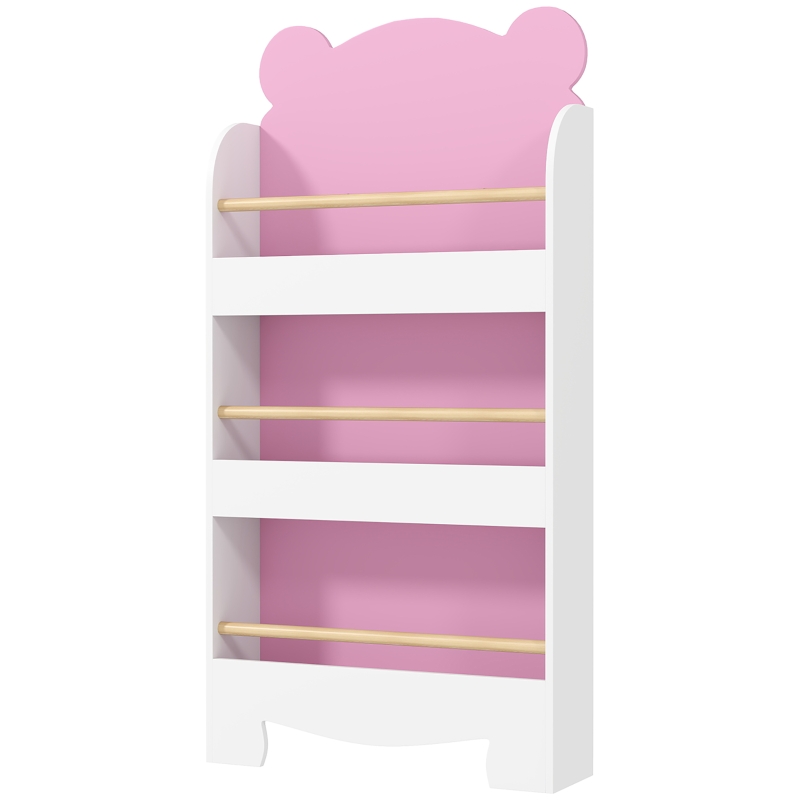 AIYAPLAY Libreria per Bambini con 3 Ripiani a Forma di Orsetto con Barriere Frontali, 55x15x110 cm, Rosa