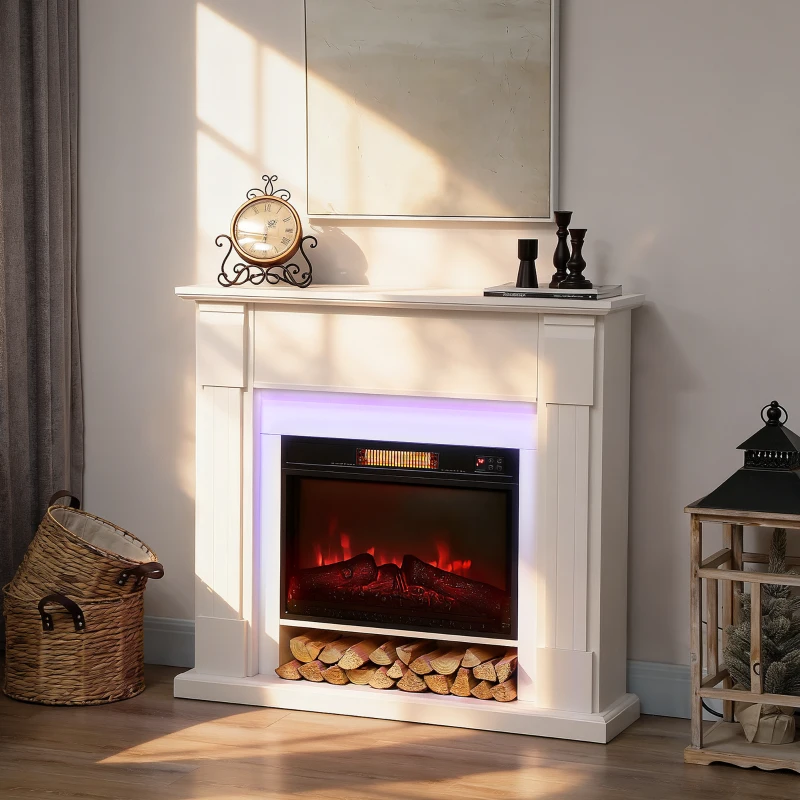 HOMCOM Chimenea Eléctrica Empotrable con Efecto de Llama 3D Tira de Luz LED RGB 1800W Temporizador Termostato Blanco