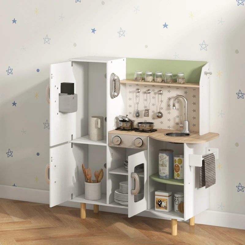 AIYAPLAY Cocinita de Juguete Infantil de Madera con Máquina de Hielo Fregadero Móvil y Utensilios de Cocina 84x34x89 cm Blanco