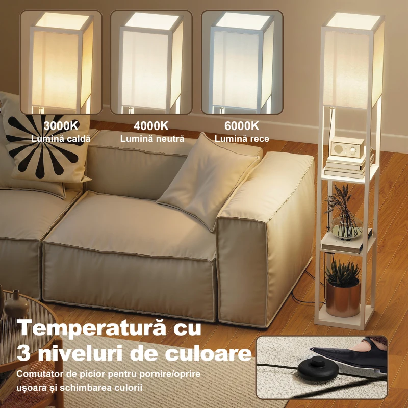 HOMCOM Lampadar cu rafturi, lumină reglabilă, întrerupător cu pedală și porturi USB, alb