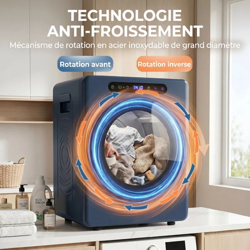 HOMCOM Sèche linge à évacuation, sèche-linge électrique 1000 W 3 Kg, modes Extra Dry et ECO, minuterie, acier inoxydable, bleu