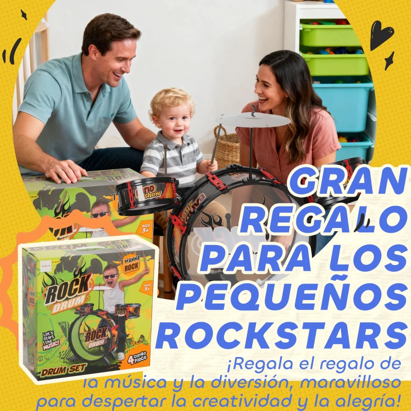 AIYAPLAY Batería para Niños de +3 Años con Taburete Tambores Bombo Platillo y Baquetas 59,5x31,5x59 cm Negro