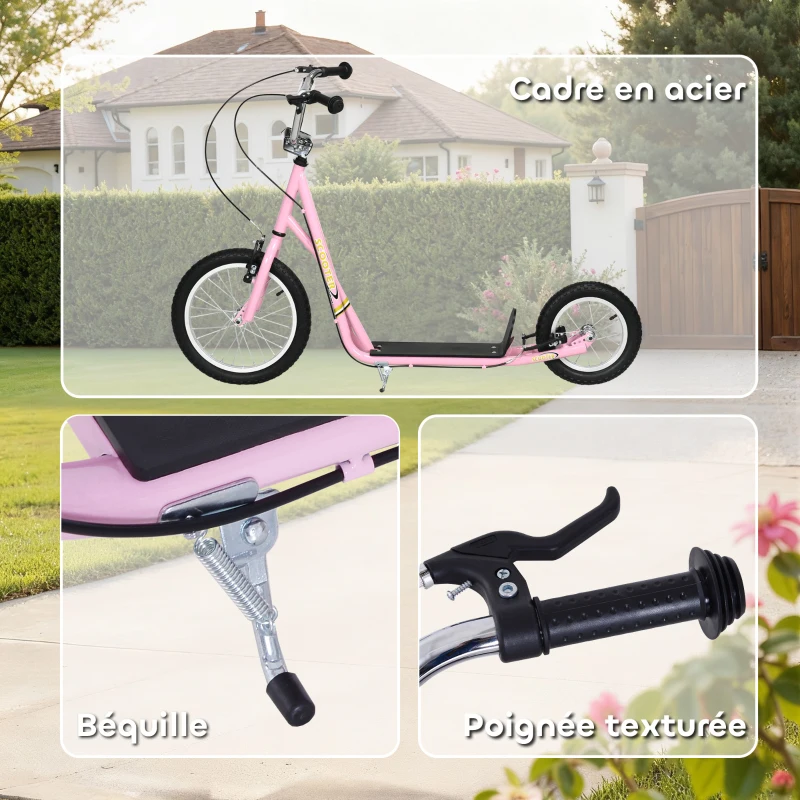 HOMCOM Trottinette patinette Enfant à partir de 5 Ans Grands pneus Guidon réglable poignées Freins et béquille Acier Rose