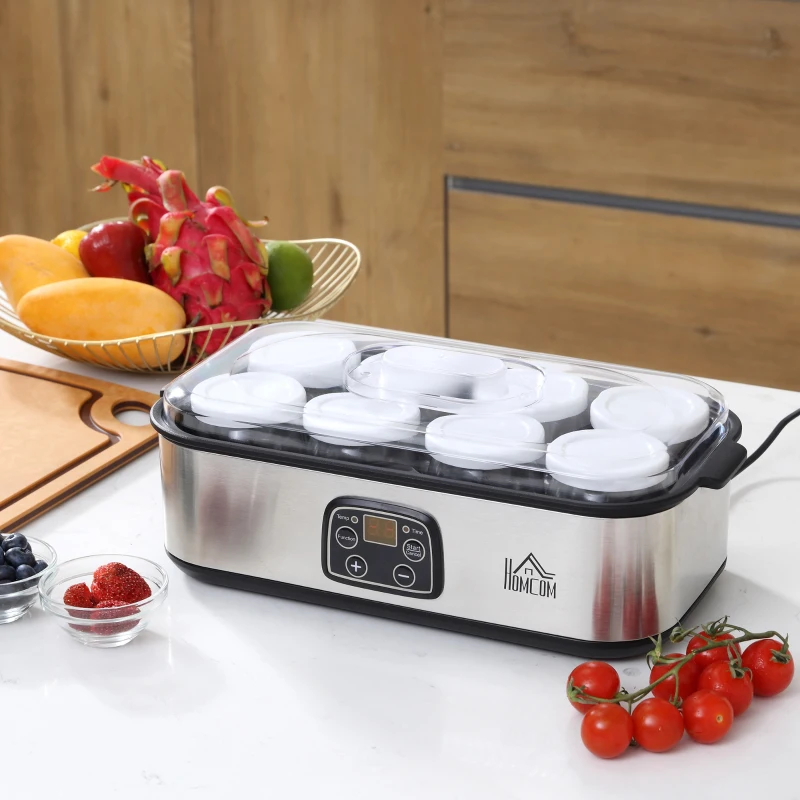 HOMCOM Yogurtiera Elettrica 25W con 8 Vasetti Inclusi, Timer 1-48 Ore e Temperatura Regolabile 20-50°C, 36x18.8x14cm, Argento