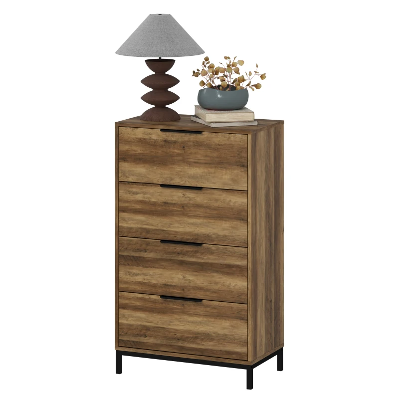 HOMCOM Cassettiera 4 Cassetti Antiribaltamento con Maniglie Nere, in Legno e Metallo, 62x35x105 cm, Marrone Chiaro
