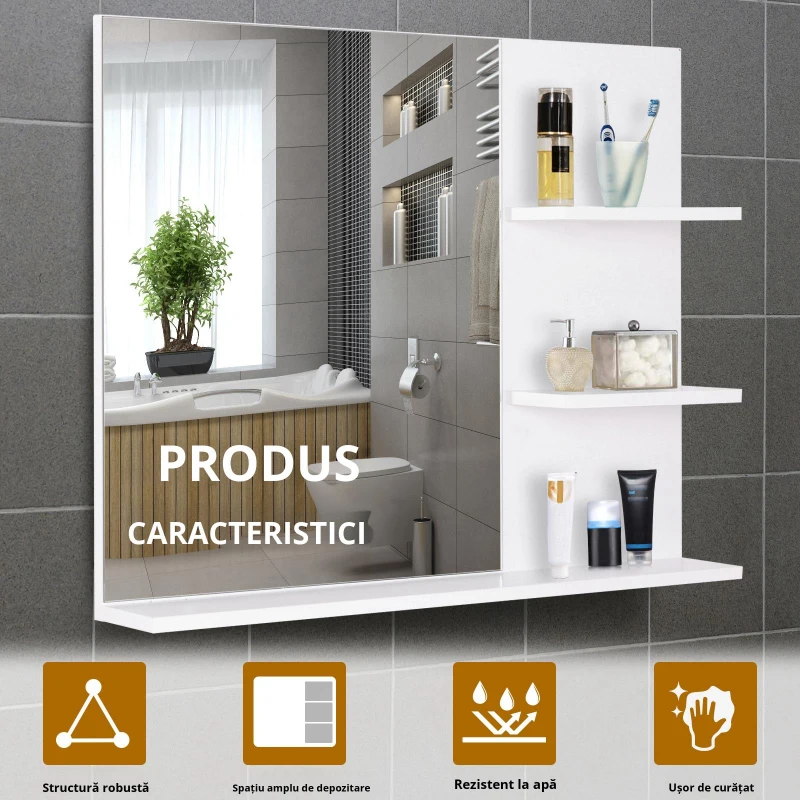 kleankin Mobilier Dulap Baie cu Oglinda si 3 Rafturi in MDF Alb 60 x 10 x 48cm