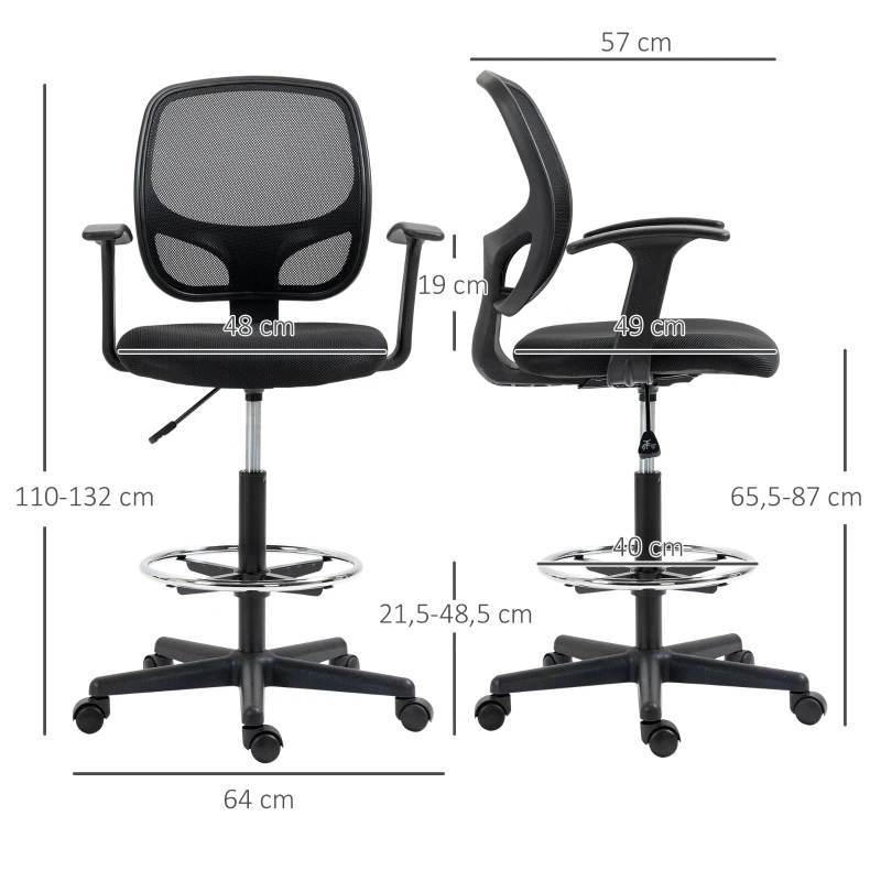 Vinsetto Chaise bureau ergonomique, chaise de dessin, repose-pieds, dossier en maille, hauteur réglable, 64x57x110-132cm, noir