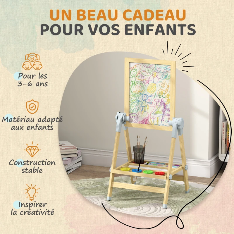 AIYAPLAY Tableau enfant à double face, tableau noir réglable en hauteur et tableau blanc magnétique, 48,5x46,5x70-97cm, naturel(m-9)