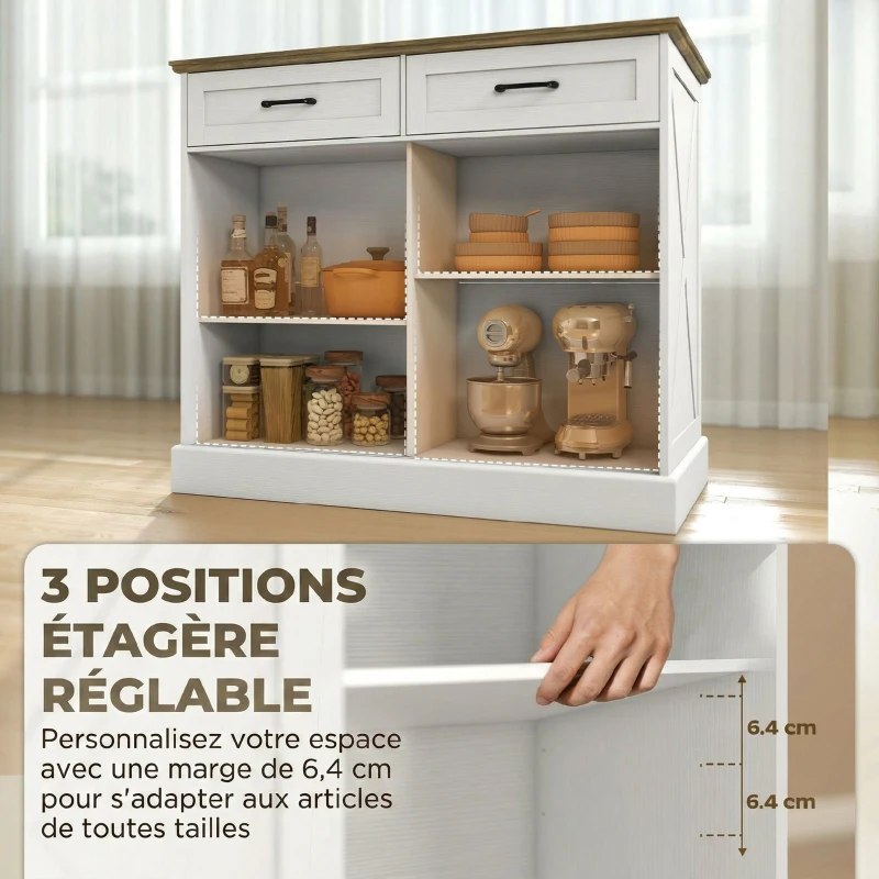 HOMCOM Îlot central cuisine, buffet cuisine, meuble de rangement avec 2 tiroirs 2 portes coulissantes, étagère réglable, blanc