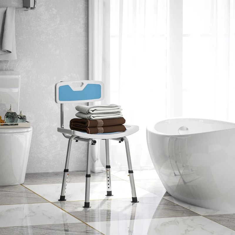 HOMCOM Silla Ducha Personas Mayores con Respaldo Altura Ajustable en 6 Posiciones Carga 136 kg para Ancianos y Discapacitados