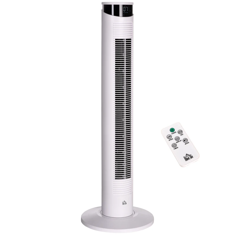 HOMCOM Ventilador de Torre Oscilante 45W con Control Remoto Temporizador de 12 h 3 Velocidades Pantalla LED Ø31,5x93 cm Blanco