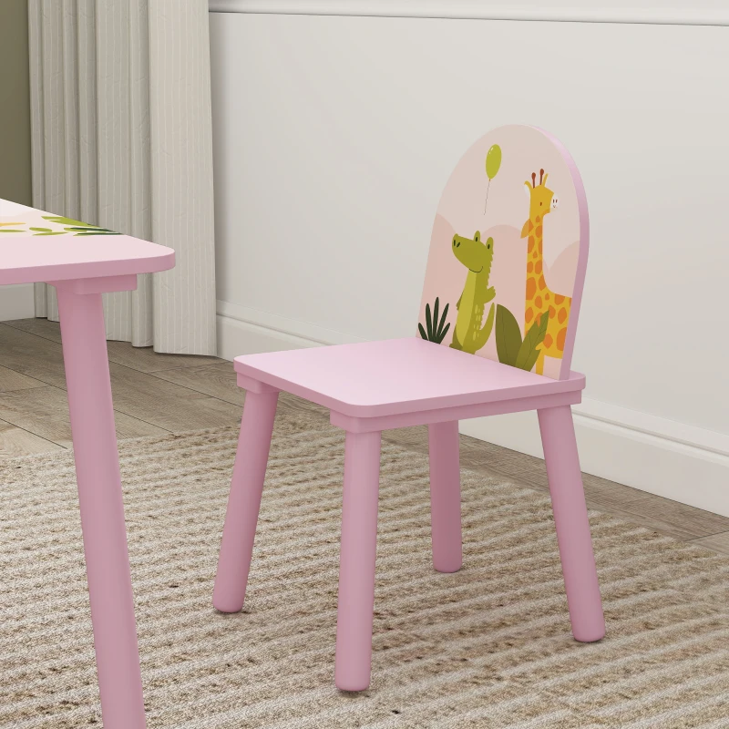 AIYAPLAY Set Tavolo e Sedie per Bambini 3-8 Anni con Motivi Animali e Bordi Arrotondati, in MDF e Legno di Pino Rosa
