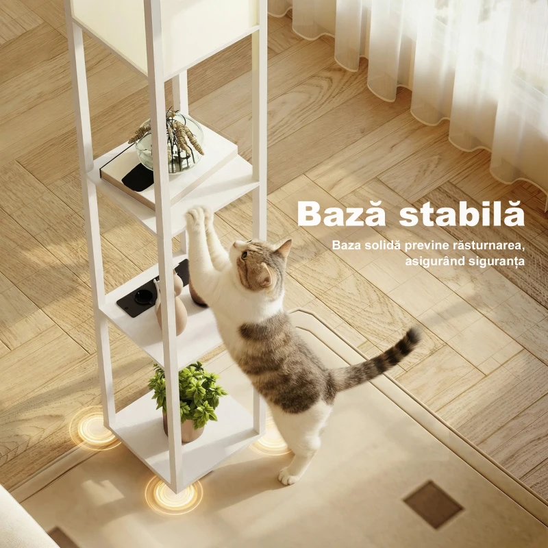 HOMCOM Lampadar cu rafturi, lumină reglabilă, întrerupător cu pedală și porturi USB, alb