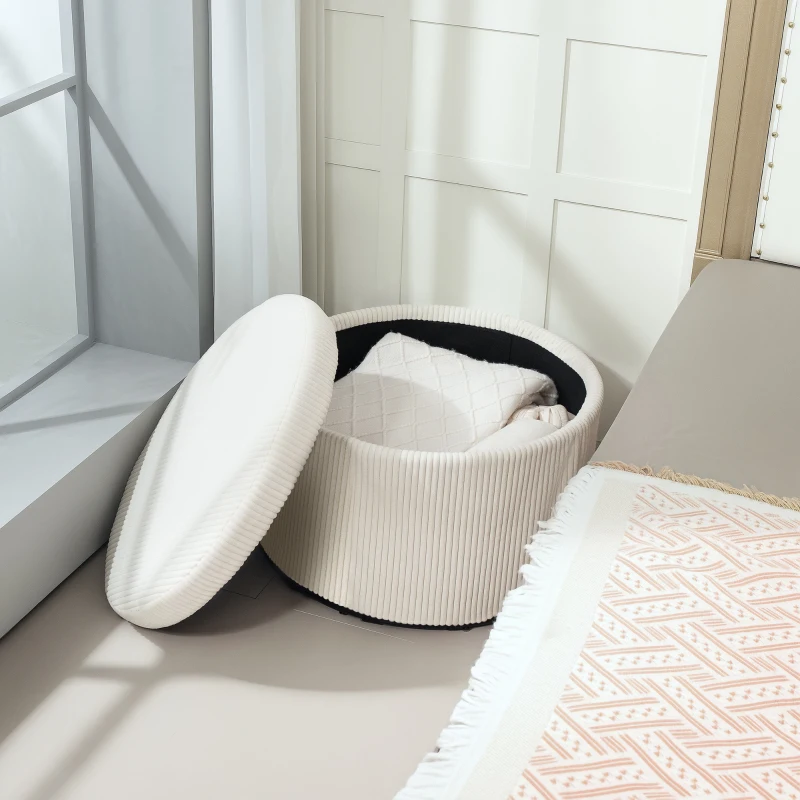 HOMCOM Pouf coffre rangement, tabouret rond, pouf repose-pieds en velours côtelé, charge 120 Kg, Ø 60 x 41 cm, beige