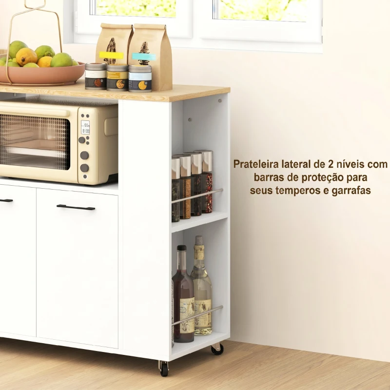 HOMCOM Carrinho de Cozinha com Rodas 2 Portas Prateleira Ajustável e Porta-Especiarias 75x40x80,5 cm Branco e Carvalho