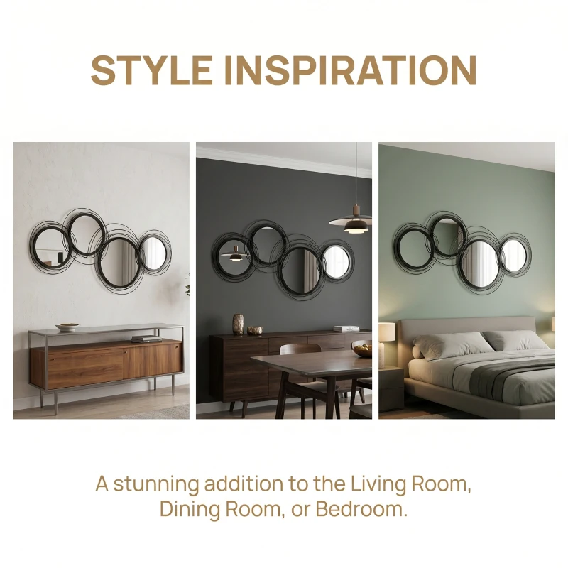 HOMCOM Metal Wall Art 56cm Modern Decorative Mirror Decor for Living Room Bedroom Dining Room, Black