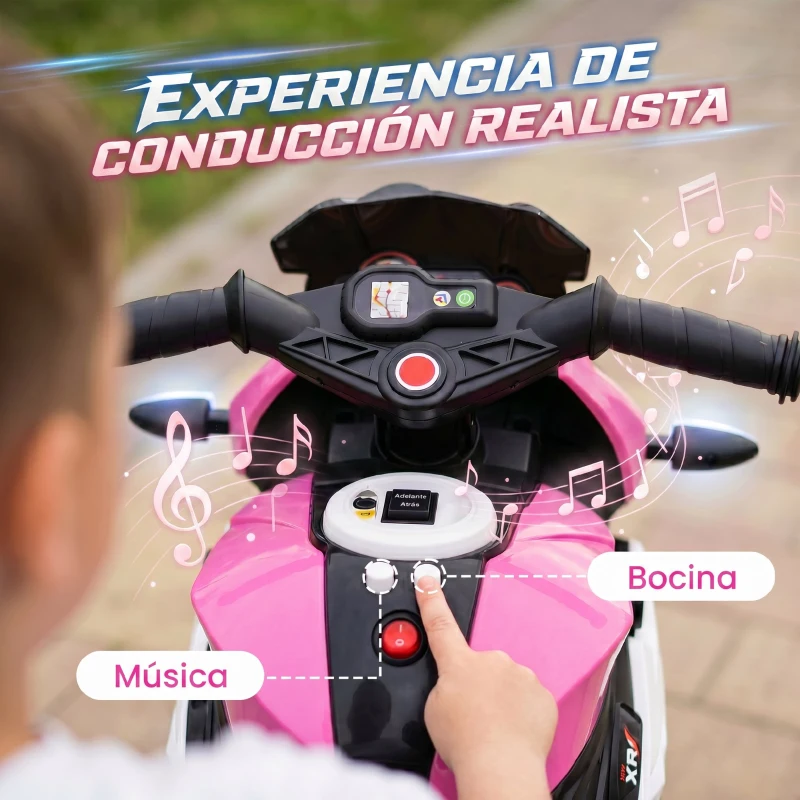 HOMCOM Moto Eléctrica para Niños con 3 Ruedas Pedal Faro LED Música y Bocina para Niños de 3 a 5 Años Rosa