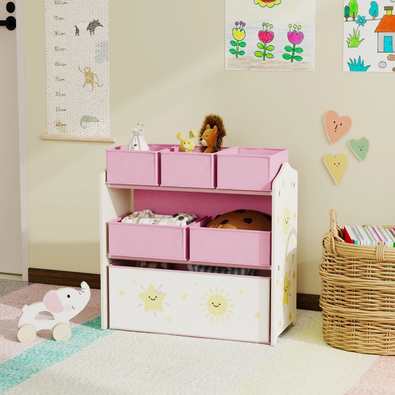 AIYAPLAY Estantería Infantil para Juguetes de 3 Niveles con 6 Cajas Extraíbles de Tela no Tejida para Guardería 63x30x66 cm Rosa
