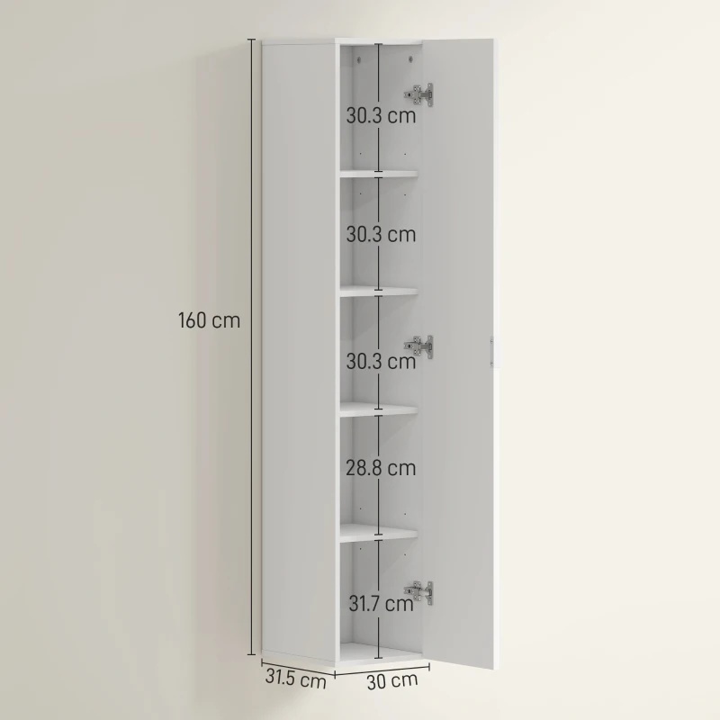 HOMCOM Dulap de Baie Suspendat Coloană cu Rafturi Reglabile și Închidere Soft Close, 30x31.5x160 cm, Alb