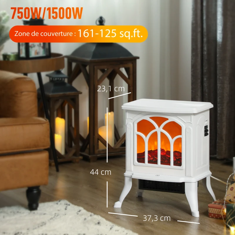 HOMCOM Cheminée électrique sur pied 750/1500 W, fausse cheminée décorative avec effet flamme LED, 37,3 x 23,1 x 44 cm, blanc