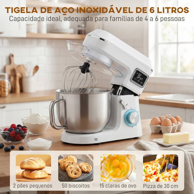 HOMCOM Batedeira Planetária 6L 1400W com Cabeçal Inclinável, 6 Velocidades, Função de Fermentação, Ecrã LED, Branco