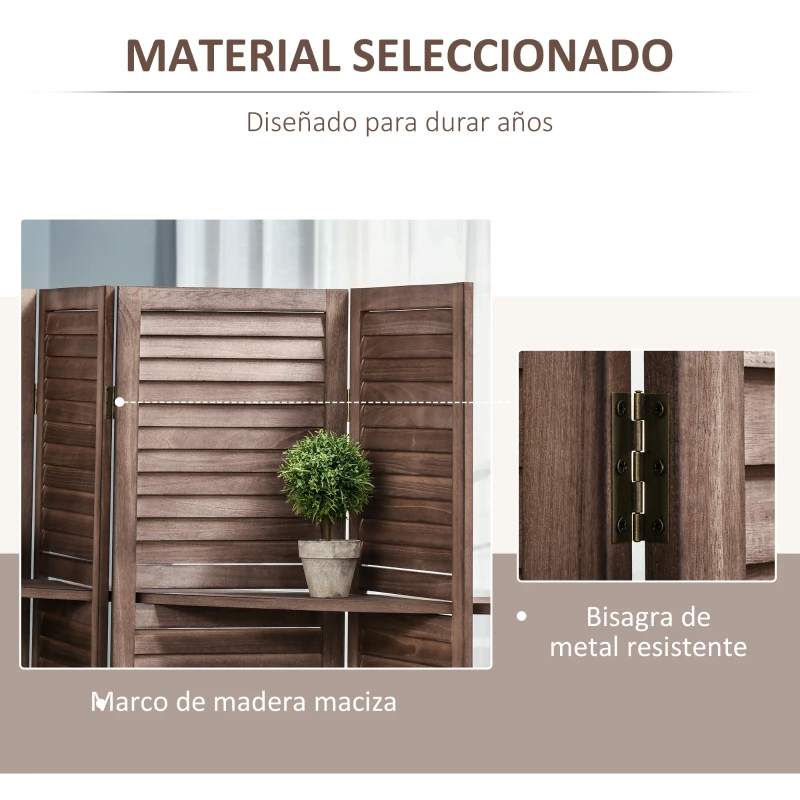 HOMCOM Biombo Plegable de 4 Paneles de Madera 162x170 cm Biombo Separador de Ambientes con 3 Estantes Nogal