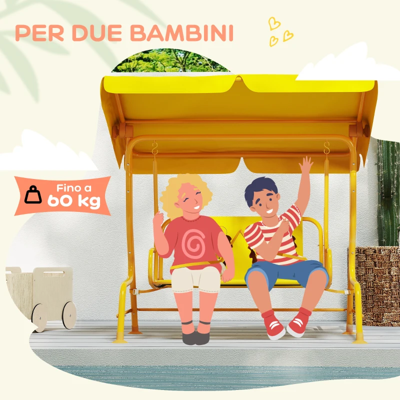 AIYAPLAY Dondolo per Bambini da Esterno a 2 Posti con Tettuccio Regolabile e Cinture di Sicurezza, 112x75x120 cm, Giallo