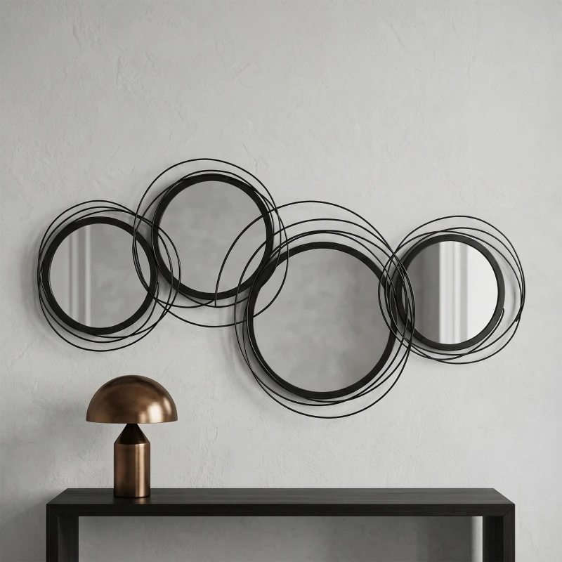 HOMCOM Metal Wall Art 56cm Modern Decorative Mirror Decor for Living Room Bedroom Dining Room, Black