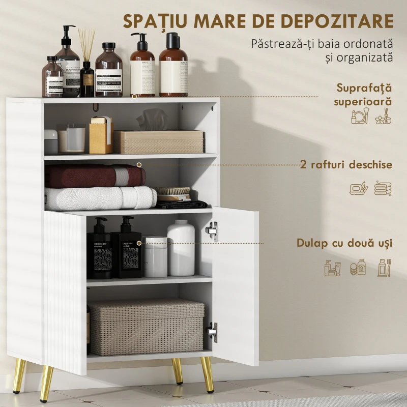 HOMCOM Dulap de baie modern cu 2 rafturi deschise și dulap cu uși amortizate, 60x31,8x93 cm, alb