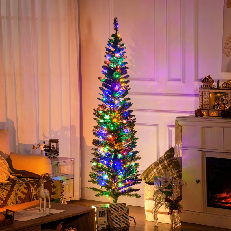 HOMCOM Sapin de Noël artificiel lumineux en forme de crayon 180 cm 150 lumières multicolores 390 branches base en acier vert