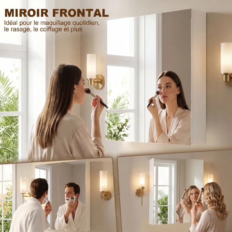 HOMCOM Armoire avec Miroir en Bois Rangement Salle de Bain Fermeture Porte Tampon MDF